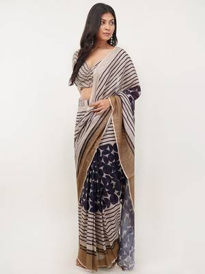 Multicolor pure linen printed saree with blouse 1