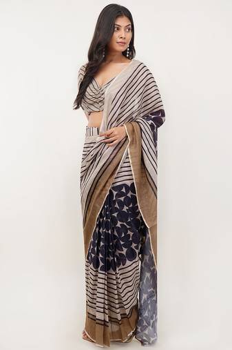 Multicolor pure linen printed saree with blouse