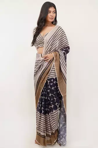 Multicolor pure linen printed saree with blouse