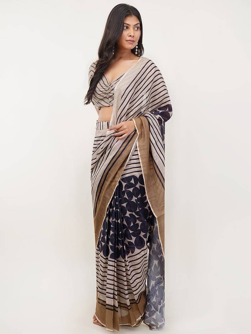 Multicolor pure linen printed saree with blouse