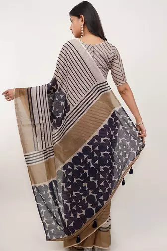 Multicolor pure linen printed saree with blouse