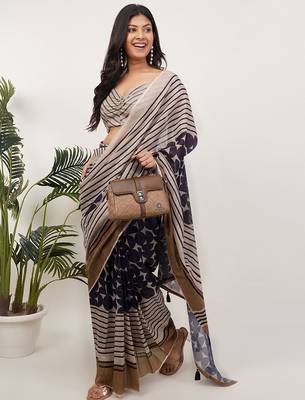 Multicolor pure linen printed saree with blouse 3