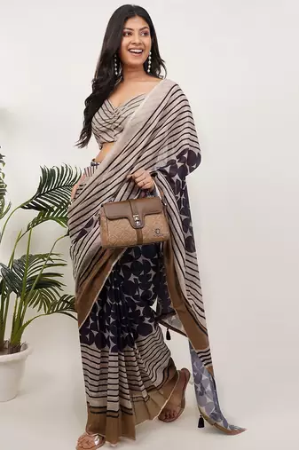 Multicolor pure linen printed saree with blouse