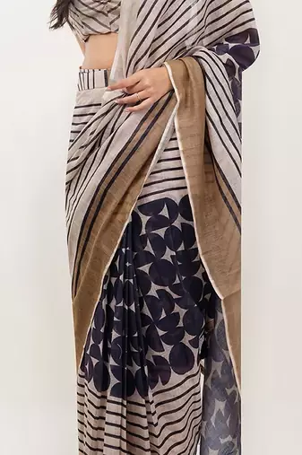 Multicolor pure linen printed saree with blouse