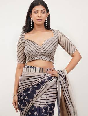 Multicolor pure linen printed saree with blouse 5