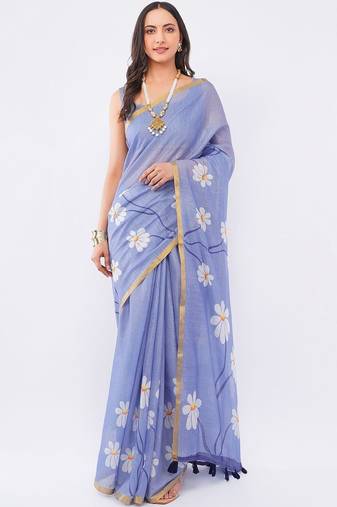 Blue pure linen printed saree with blouse