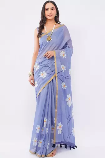 Blue pure linen printed saree with blouse