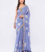 Blue pure linen printed saree with blouse