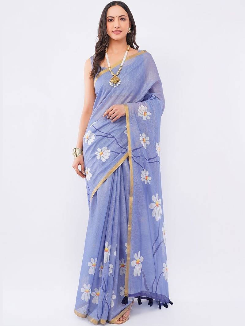 Blue pure linen printed saree with blouse