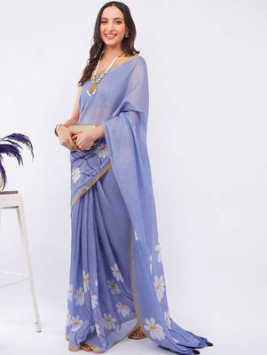 Blue pure linen printed saree with blouse 2