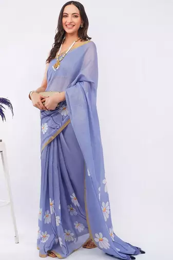 Blue pure linen printed saree with blouse