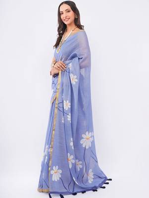 Blue pure linen printed saree with blouse 3