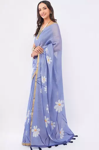 Blue pure linen printed saree with blouse