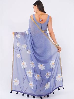 Blue pure linen printed saree with blouse 4