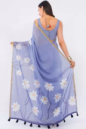 Blue pure linen printed saree with blouse