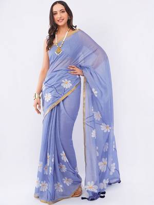 Blue pure linen printed saree with blouse 5