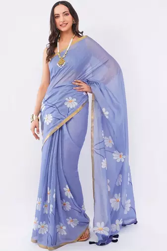 Blue pure linen printed saree with blouse