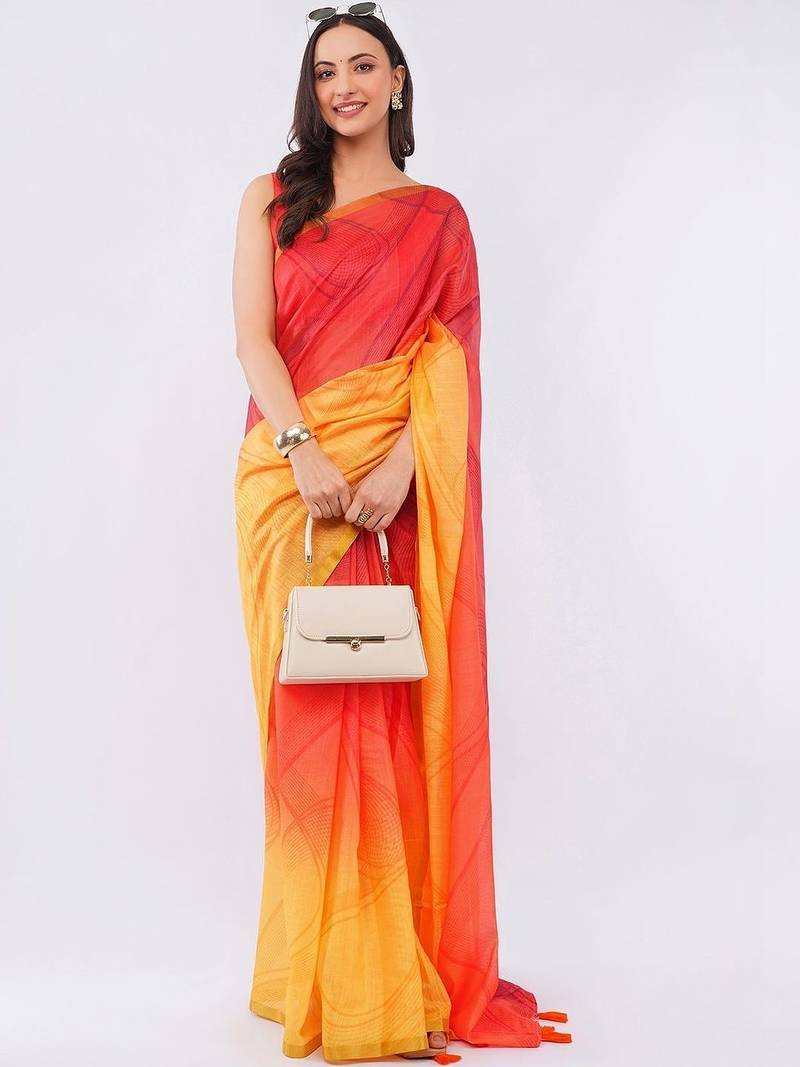 Multicolor pure linen printed saree with blouse