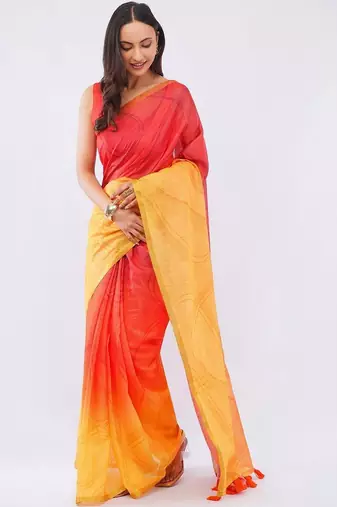 Multicolor pure linen printed saree with blouse