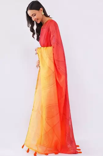 Multicolor pure linen printed saree with blouse