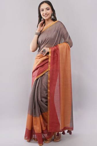 Brown pure linen woven design saree with blouse