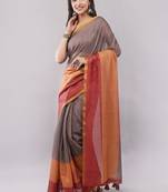 Brown pure linen woven design saree with blouse