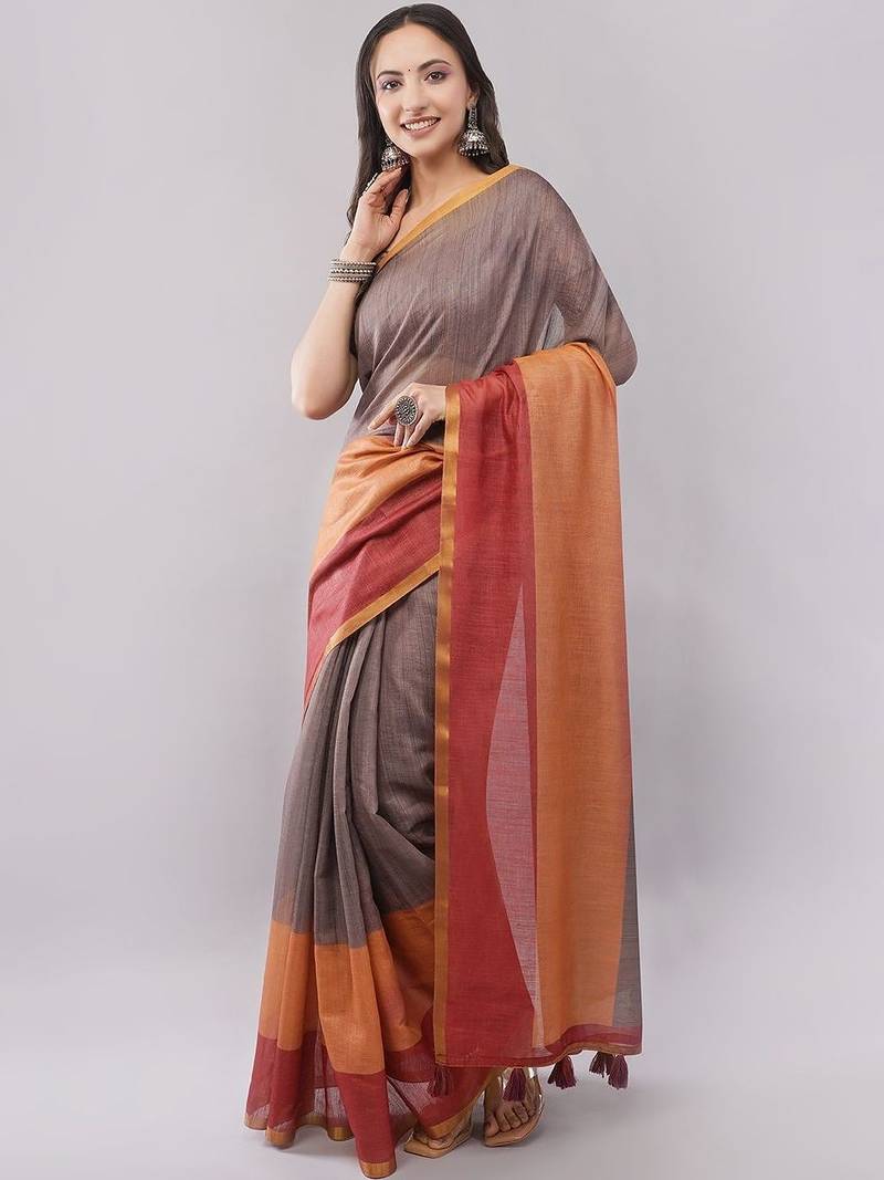 Brown pure linen woven design saree with blouse