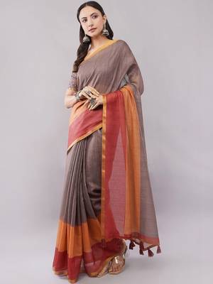 Brown pure linen woven design saree with blouse 2
