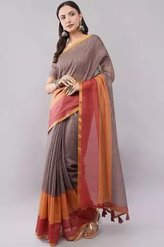 Brown pure linen woven design saree with blouse