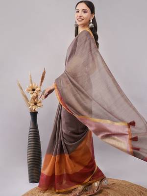 Brown pure linen woven design saree with blouse 3