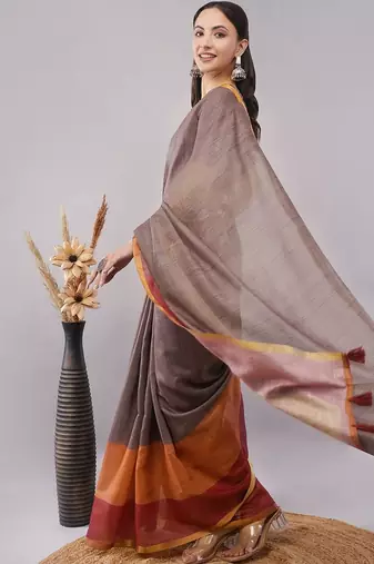Brown pure linen woven design saree with blouse