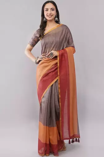 Brown pure linen woven design saree with blouse