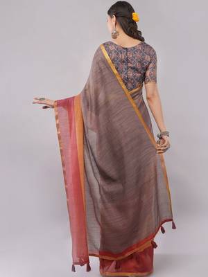 Brown pure linen woven design saree with blouse 5