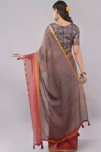Brown pure linen woven design saree with blouse