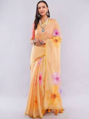Yellow pure linen printed saree with blouse 1