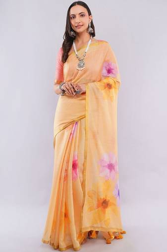 Yellow pure linen printed saree with blouse