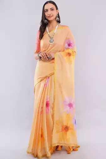 Yellow pure linen printed saree with blouse