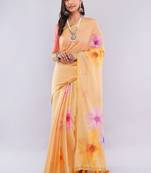 Yellow pure linen printed saree with blouse