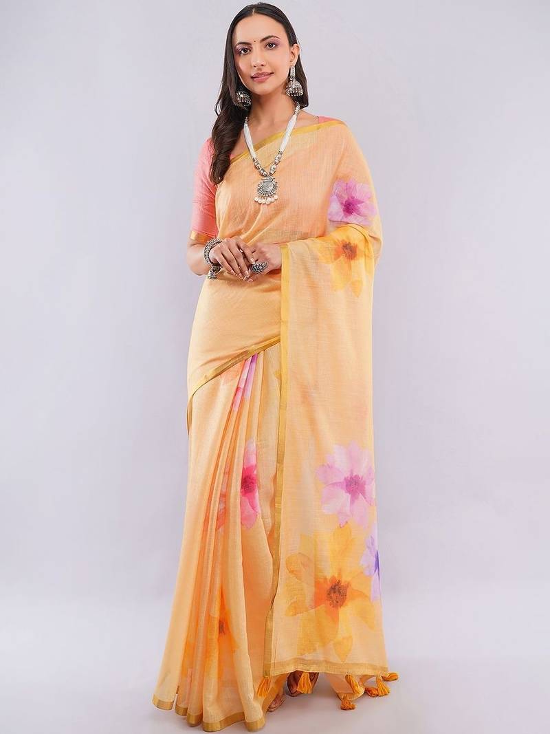 Yellow pure linen printed saree with blouse