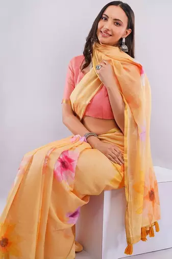 Yellow pure linen printed saree with blouse
