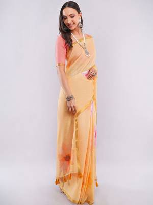Yellow pure linen printed saree with blouse 3