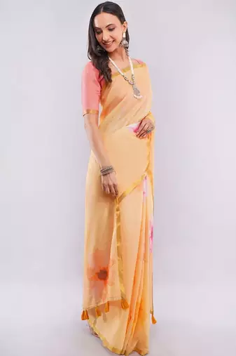 Yellow pure linen printed saree with blouse