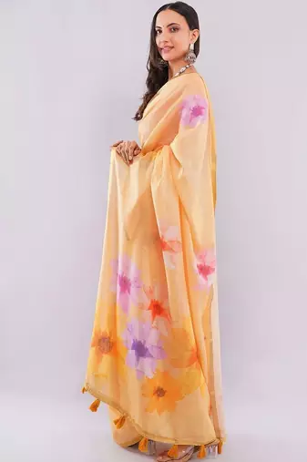 Yellow pure linen printed saree with blouse
