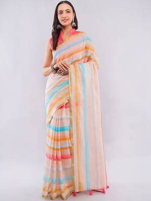 Off white pure linen striped saree with blouse 1