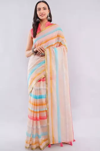 Off white pure linen striped saree with blouse