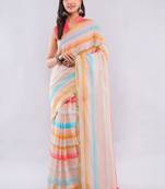 Off white pure linen striped saree with blouse