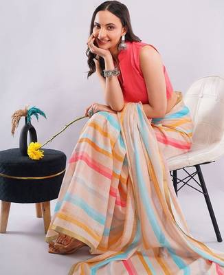 Off white pure linen striped saree with blouse 2