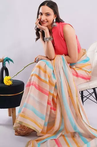 Off white pure linen striped saree with blouse