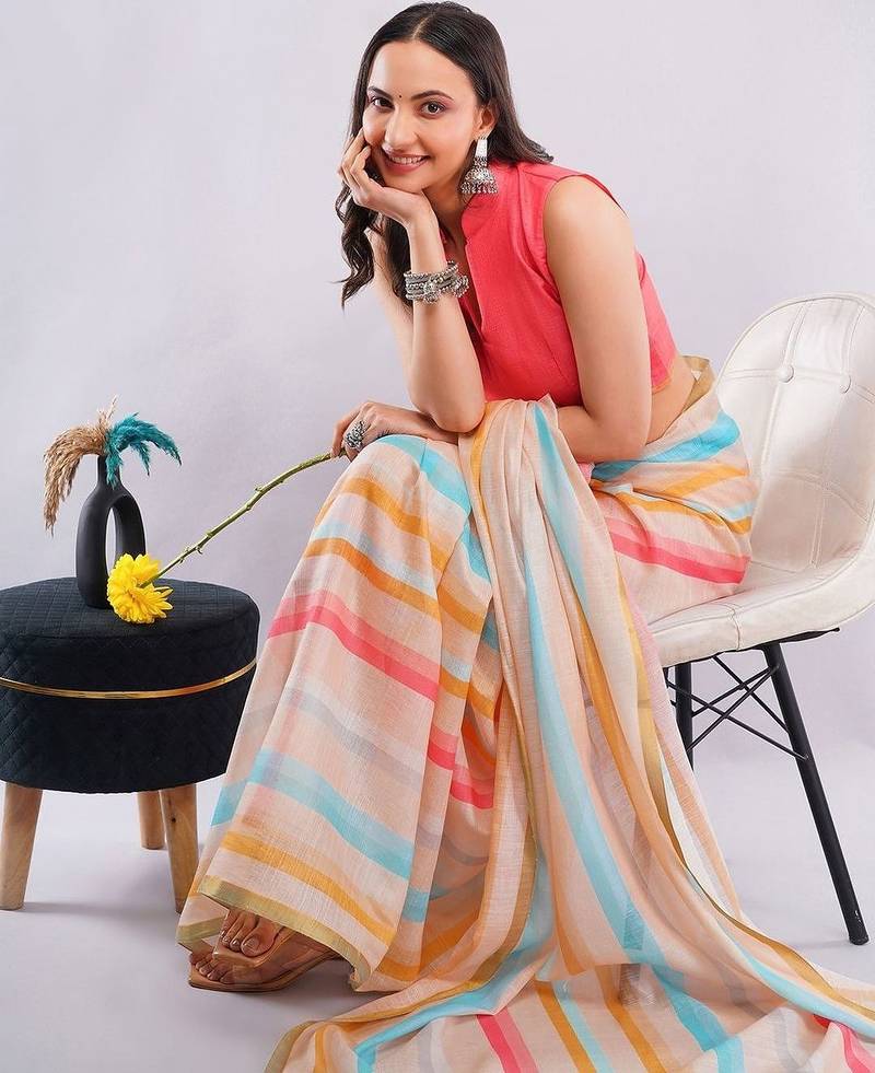 Off white pure linen striped saree with blouse