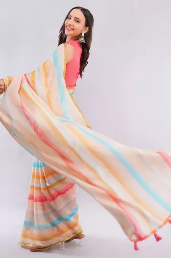 Off white pure linen striped saree with blouse